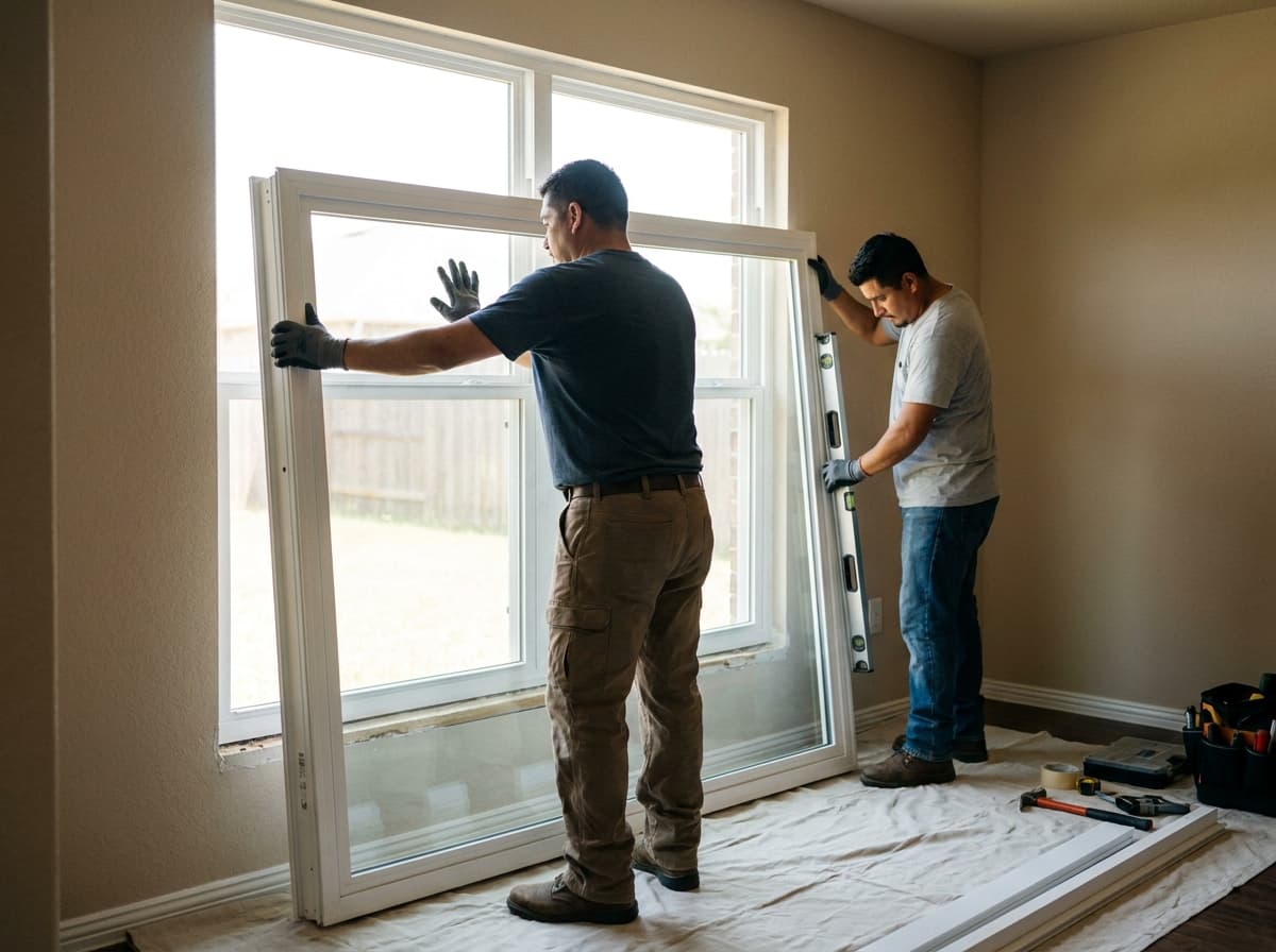 Setting a made-to-fit double-pane unit.